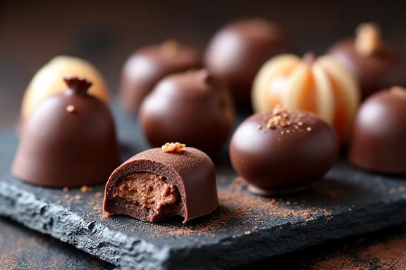 Exquisite, handcrafted gourmet chocolates arranged on a slate serving platter.