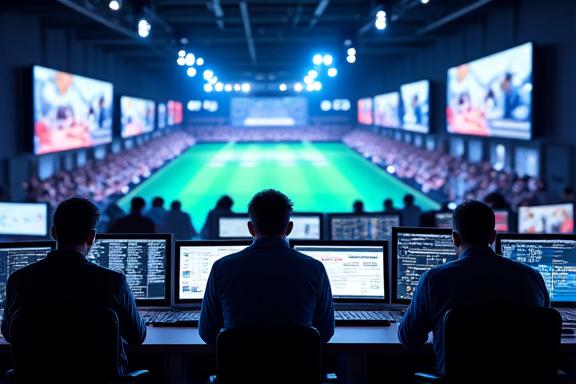 A television production gallery during a live sports broadcast.