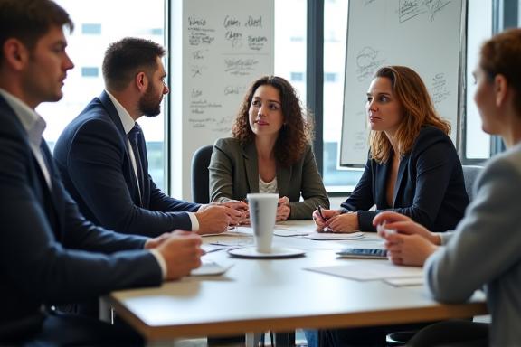 A diverse team of professionals collaborating on a strategic plan in a modern office.